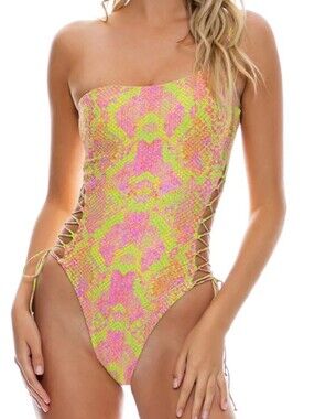 New Luli Fama Born To Be Wild One Shoulder Lace Up Multicolor One Piece Swimsuit